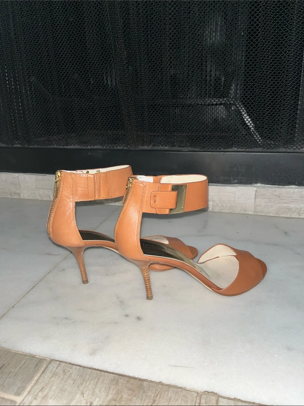 Michael Kors Tan Leather Open-Toe Ankle-Strap Heels